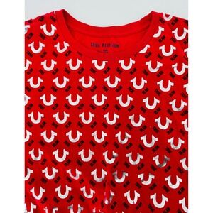 True Religion Mens Red Silver Metallic Horseshoe Logo All Over Print T-Shirt L‎